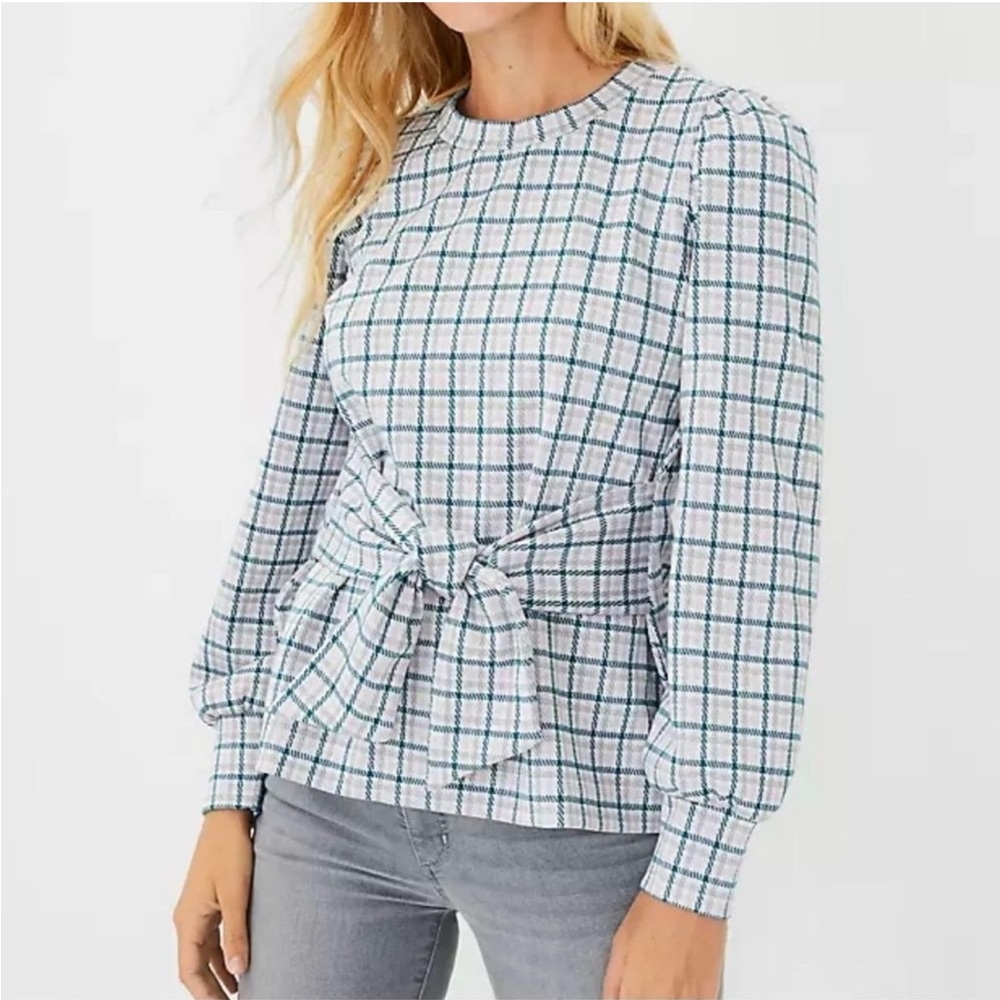 Ann Taylor Plaid Puff Sleeve Tie Waist Sweatshirt Size Small White Green Gray